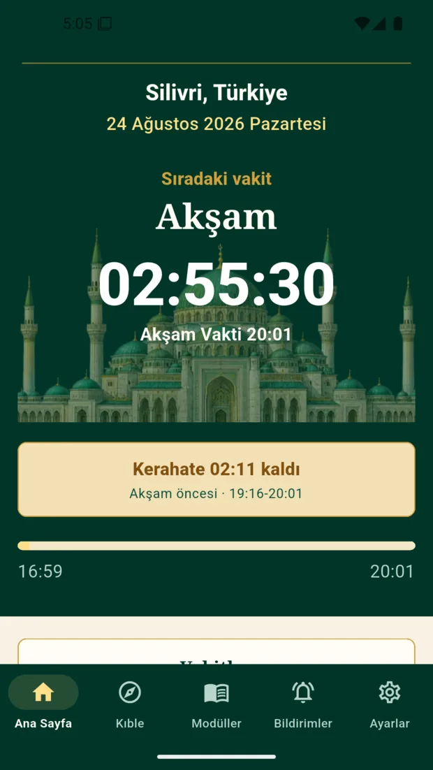 Manevi tema: ana ekran, sıradaki vakit ve geri sayım.