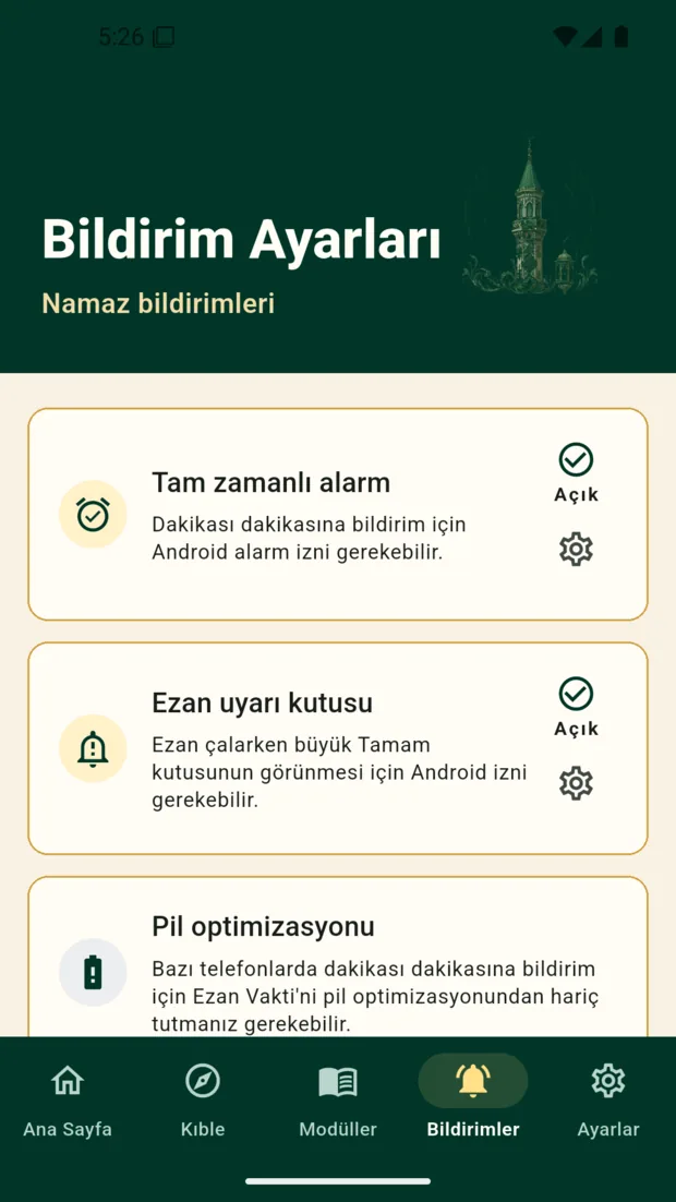 Manevi tema: her vakit için ayrı ezan ve hatırlatma ayarı.