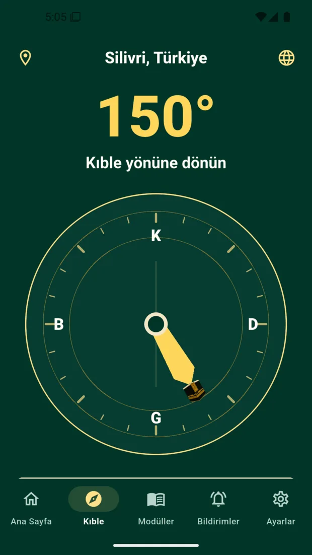 Manevi tema: kıble pusulası ve seçili konuma göre yön.