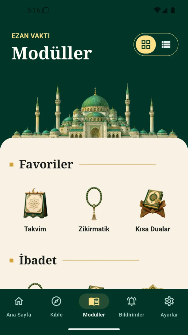 Manevi tema: Kur'an, zikirmatik, kütüphane ve diğer modüller.