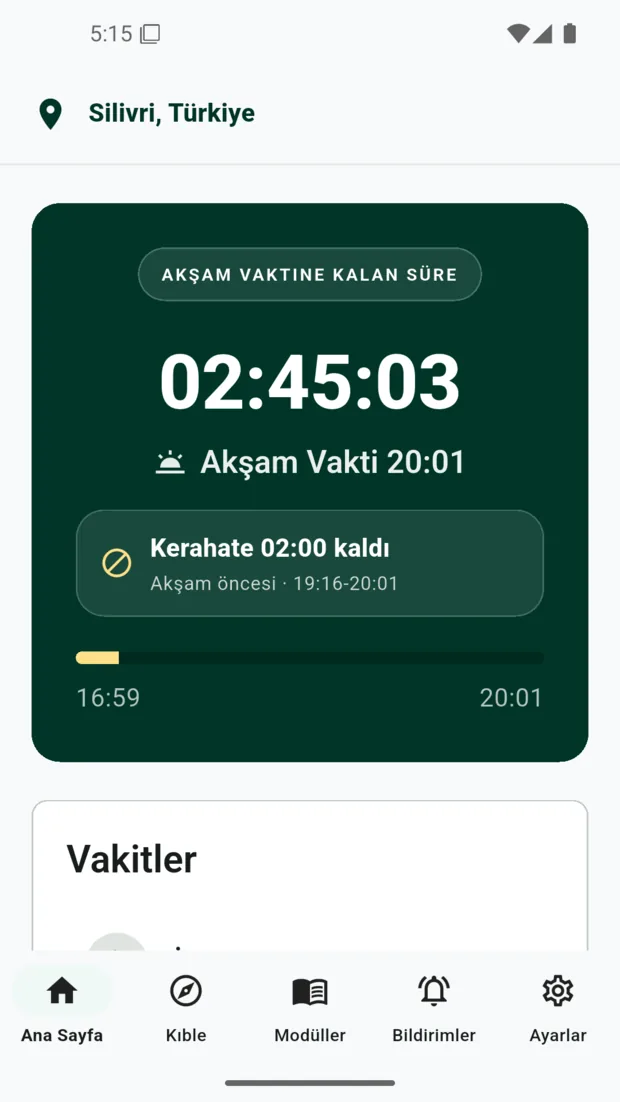 Modern Sade tema: ana ekran, sıradaki vakit ve geri sayım.